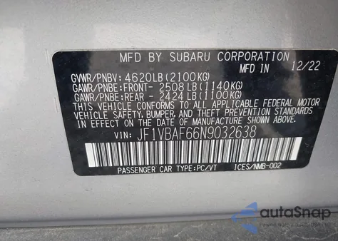 2022 Subaru Wrx Premium z USA, uszkodzony, nr VIN JF1VBAF66N9032638